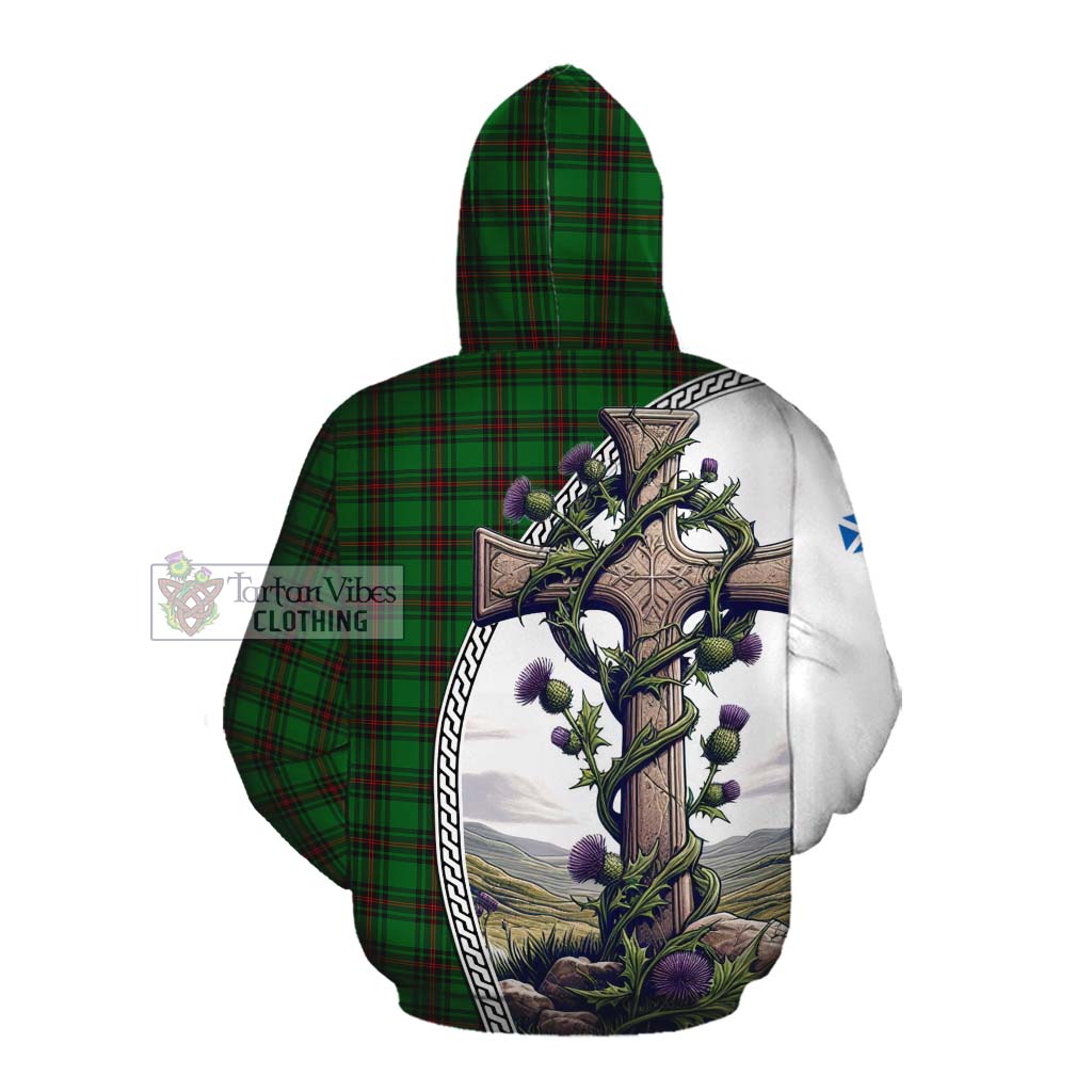 Tartan Vibes Clothing Halkett Tartan Cotton Hoodie with Family Crest and St. Andrew's Cross Accented by Thistle Vines