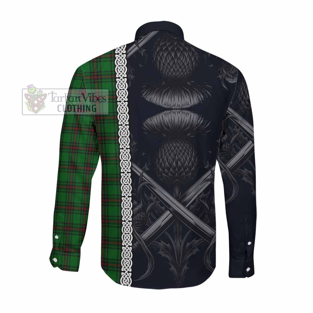 Tartan Vibes Clothing Halkett Tartan Long Sleeve Button Shirt with Family Crest Cross Sword Thistle Celtic Vibes
