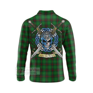Halkett Tartan Long Sleeve Polo Shirt with Family Crest Celtic Skull Style - Tartan Vibes Clothing