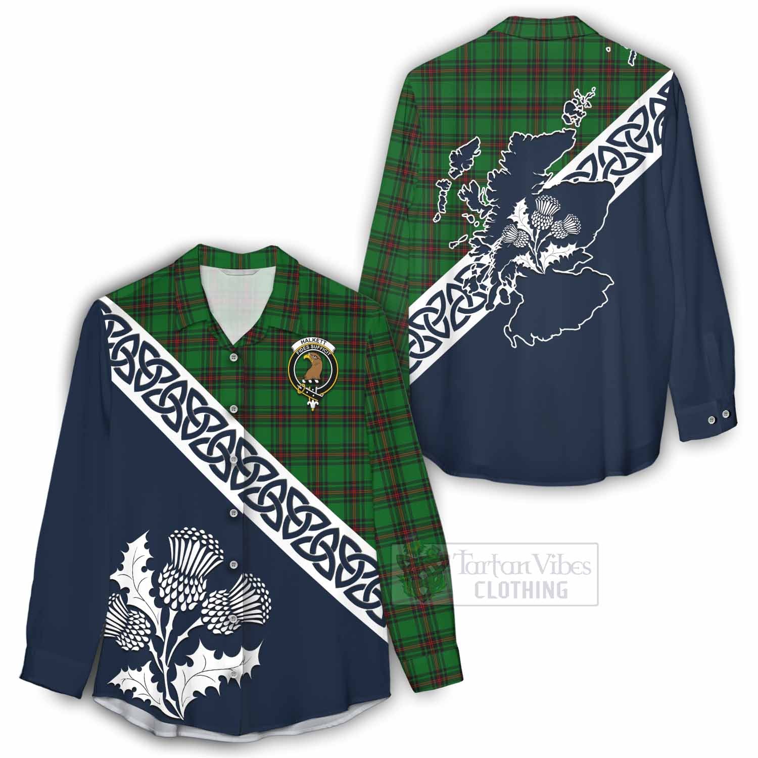 Halkett Tartan Women's Casual Shirt Featuring Thistle and Scotland Map - Tartan Vibes Clothing