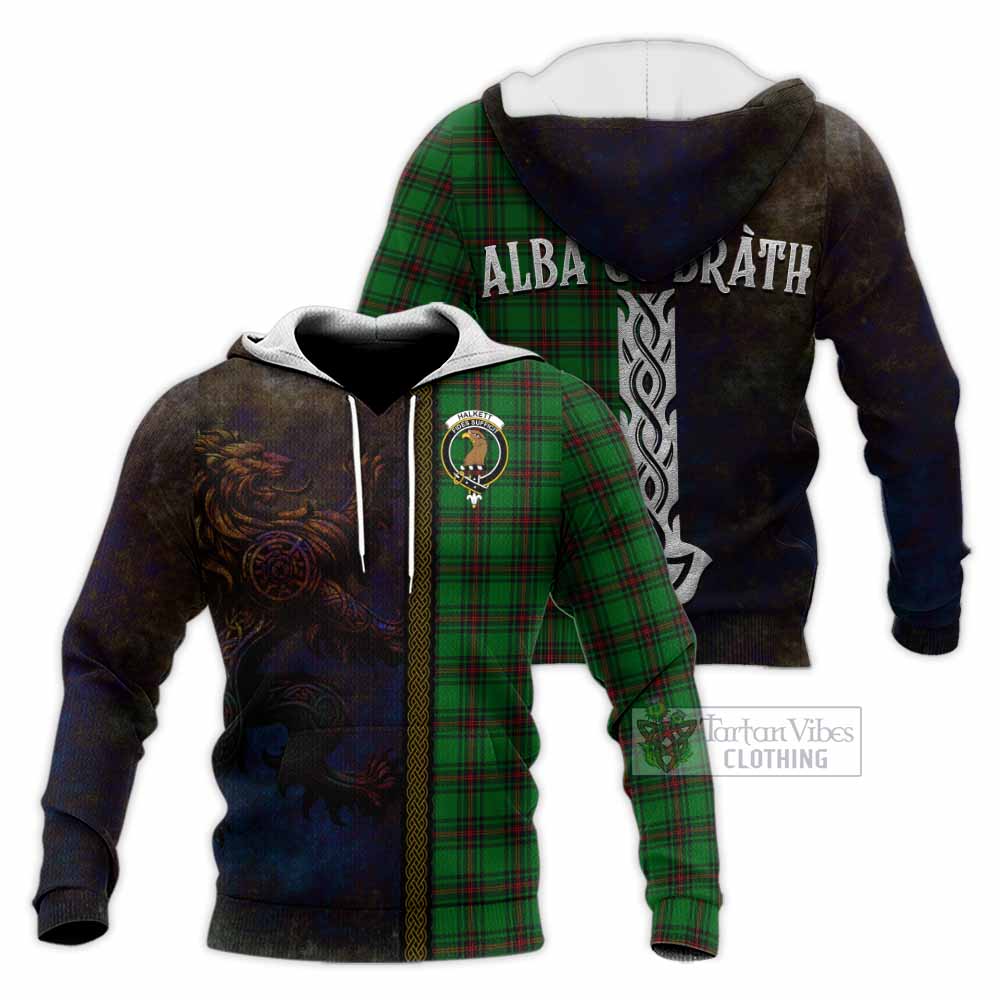 Tartan Vibes Clothing Halkett Tartan Family Crest Knitted Hoodie Alba Gu Brath Be Brave Lion Ancient Style