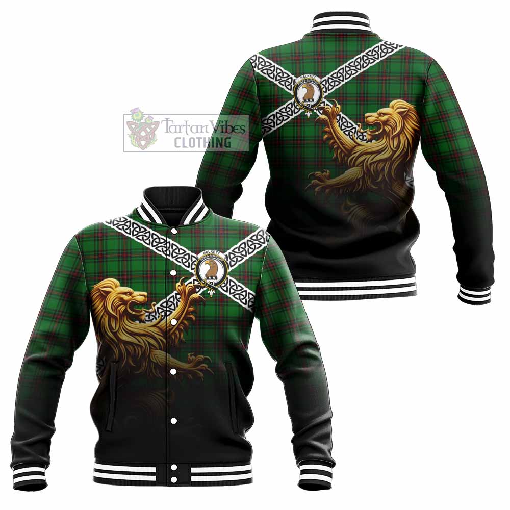 Halkett Crest Tartan Baseball Jacket with Golden Lion Emblem Celtic Style - Tartan Vibes Clothing