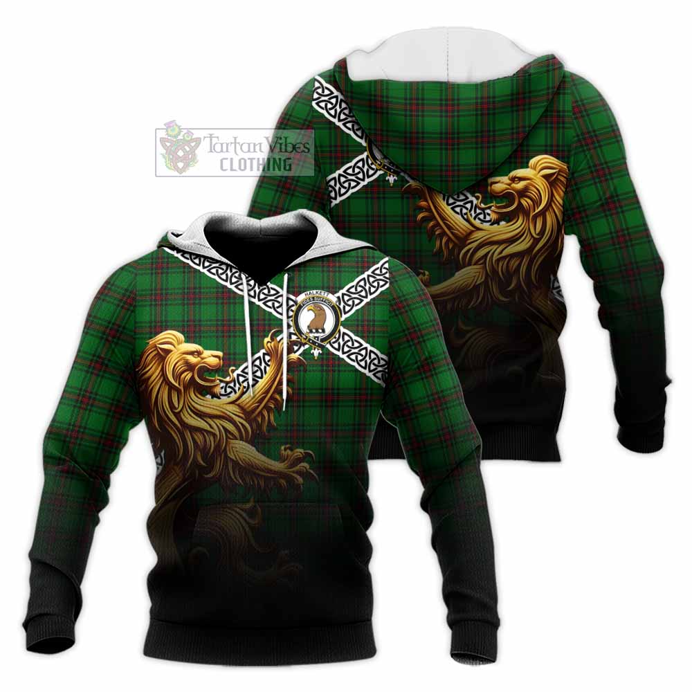 Tartan Vibes Clothing Halkett Crest Tartan Knitted Hoodie with Golden Lion Emblem Celtic Style