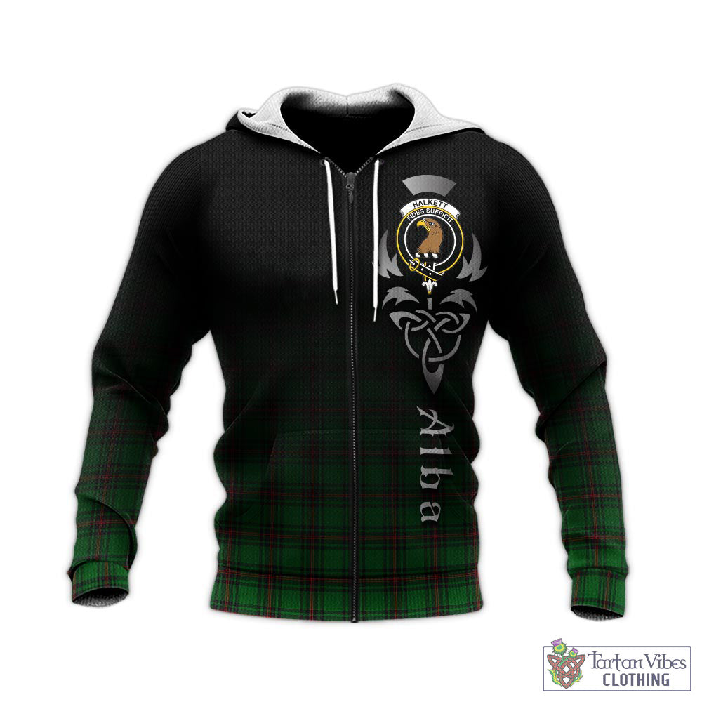 Tartan Vibes Clothing Halkett Tartan Knitted Hoodie Featuring Alba Gu Brath Family Crest Celtic Inspired