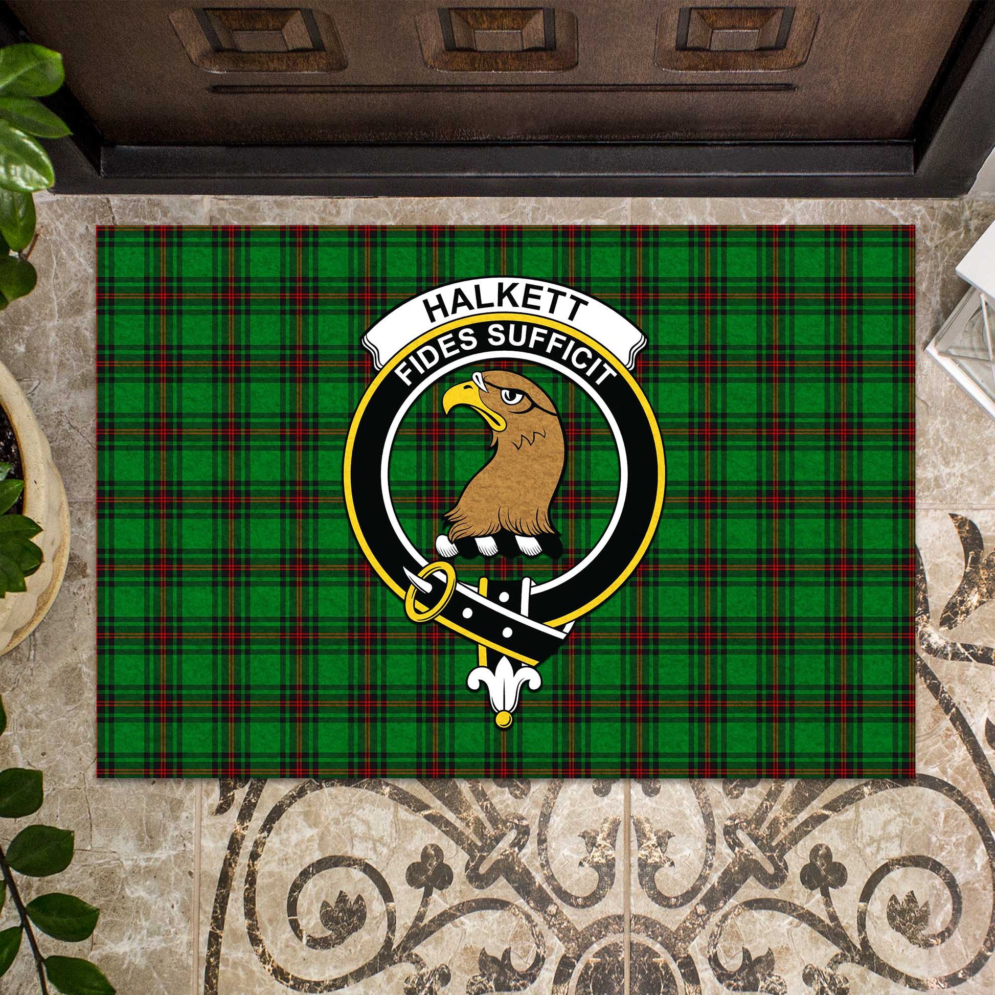 Halkett Tartan Rubber Doormat with Family Crest - Tartan Vibes Clothing