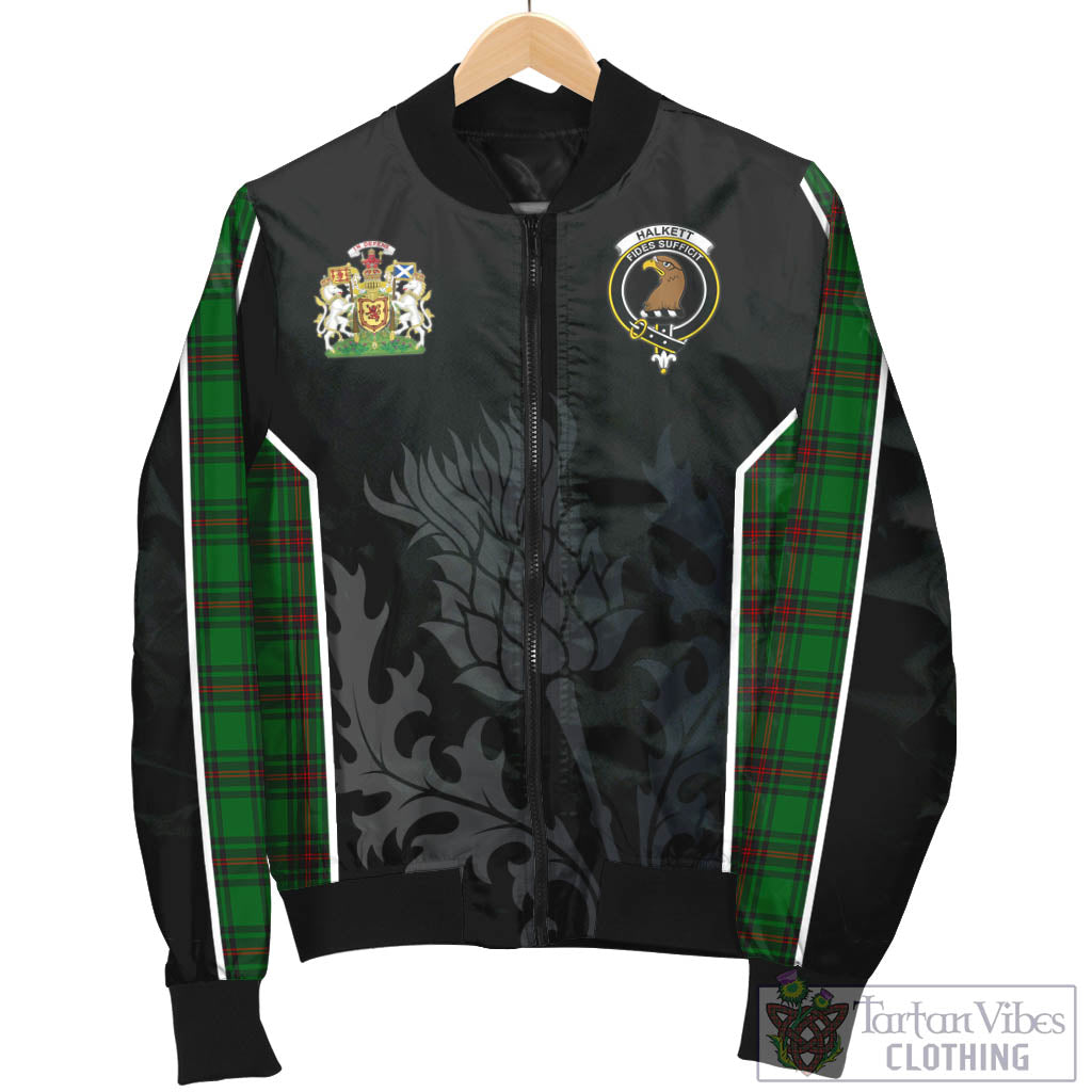 Halkett Tartan Bomber Jacket with Family Crest and Scottish Thistle Vibes Sport Style - Tartan Vibes Clothing