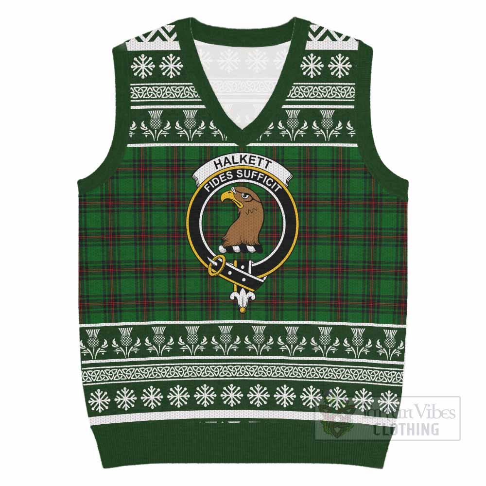 Halkett Clan Tartan Christmas Knitted V-Neck Vest with Family Crest - Tartan Vibes Clothing