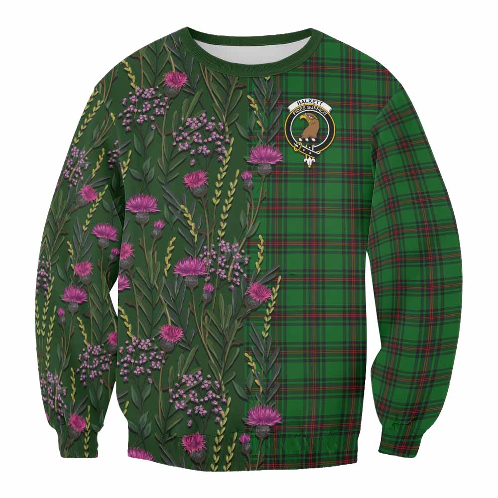 Halkett Family Crest Tartan Sweatshirt Scottish Thistle Flower Pattern Half Style - Tartan Vibes Clothing