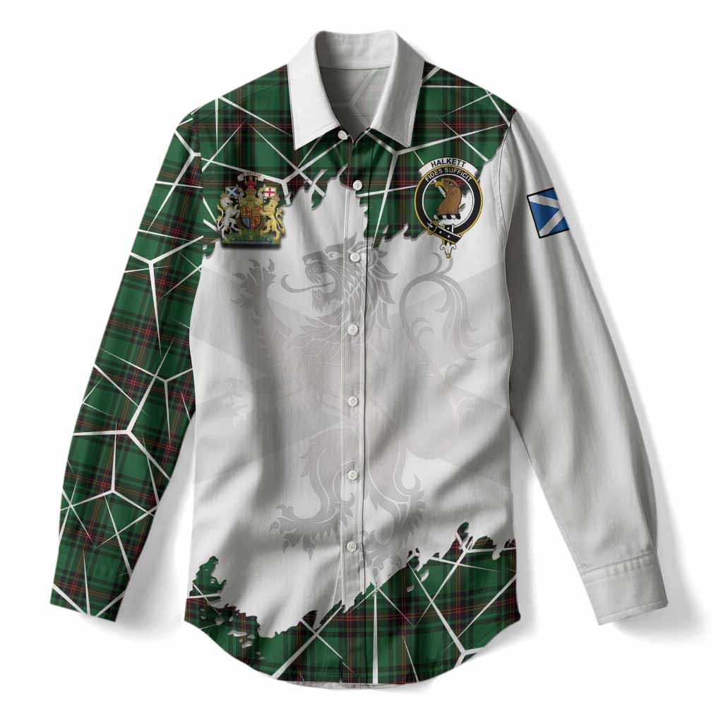 Halkett Tartan Women Casual Shirt with Family Crest and Lion Rampant Grunge Style