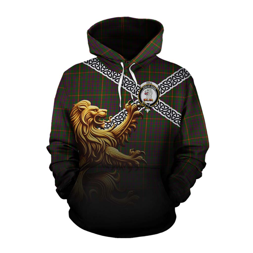 Tartan Vibes Clothing Hall Crest Tartan Cotton Hoodie with Golden Lion Emblem Celtic Style