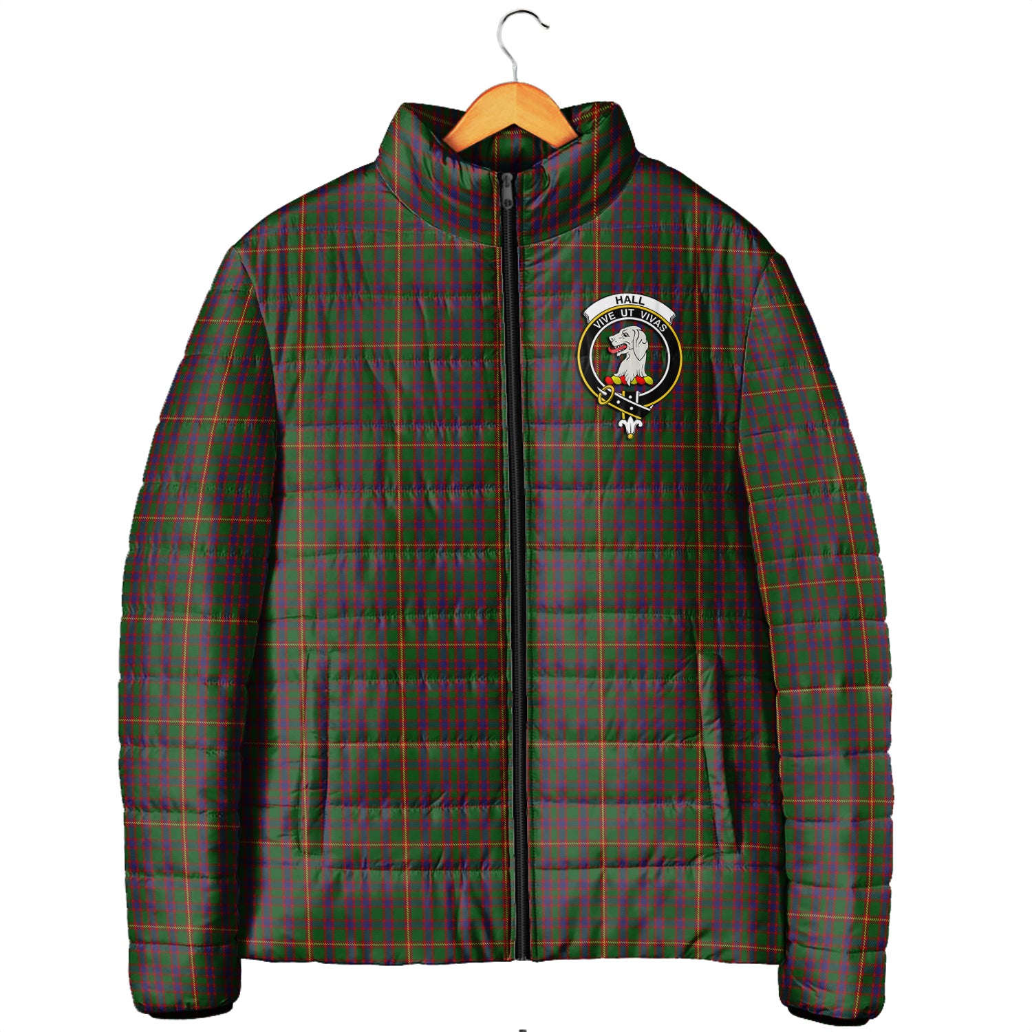 Hall Tartan Padded Jacket with Family Crest Men's Padded Jacket - Tartan Vibes Clothing