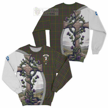 Hall Tartan Sweatshirt with Family Crest and St. Andrew's Cross Accented by Thistle Vines