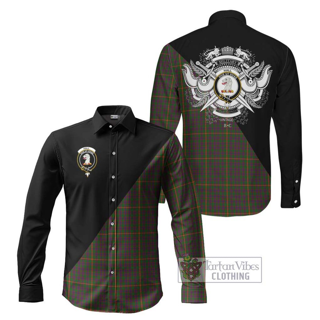 Hall Tartan Long Sleeve Button Shirt with Family Crest and Military Logo Style Men's Shirt S - Tartanvibesclothing Shop