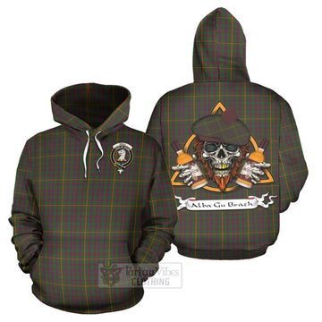 Tartan Vibes Clothing Hall Tartan Hoodie with Family Crest and Bearded Skull Holding Bottles of Whiskey