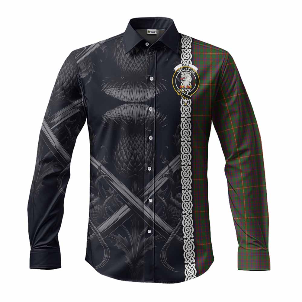 Tartan Vibes Clothing Hall Tartan Long Sleeve Button Shirt with Family Crest Cross Sword Thistle Celtic Vibes