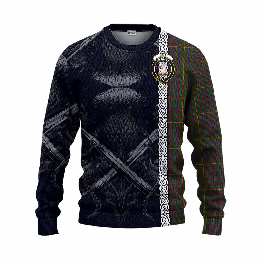 Tartan Vibes Clothing Hall Tartan Knitted Sweater with Family Crest Cross Sword Thistle Celtic Vibes