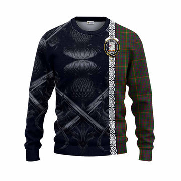 Tartan Vibes Clothing Hall Tartan Knitted Sweater with Family Crest Cross Sword Thistle Celtic Vibes