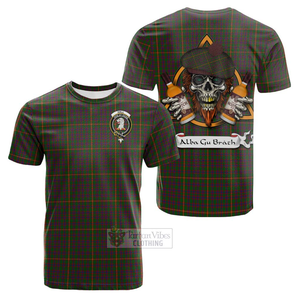 Tartan Vibes Clothing Hall Tartan Cotton T-shirt with Family Crest and Bearded Skull Holding Bottles of Whiskey