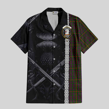 Tartan Vibes Clothing Hall Tartan Short Sleeve Button Shirt with Family Crest Cross Sword Thistle Celtic Vibes