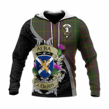 Hall Tartan Family Crest Knitted Hoodie Lion Rampant Royal Thistle Shield Celtic Inspired