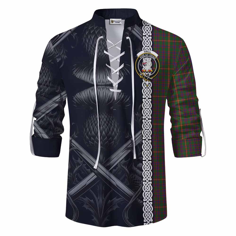 Tartan Vibes Clothing Hall Tartan Ghillie Kilt Shirt with Family Crest Cross Sword Thistle Celtic Vibes
