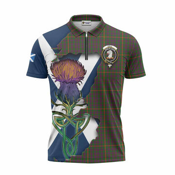 Hall Tartan Family Crest Zipper Polo Shirt Scottish Thistle Celtic Inspired