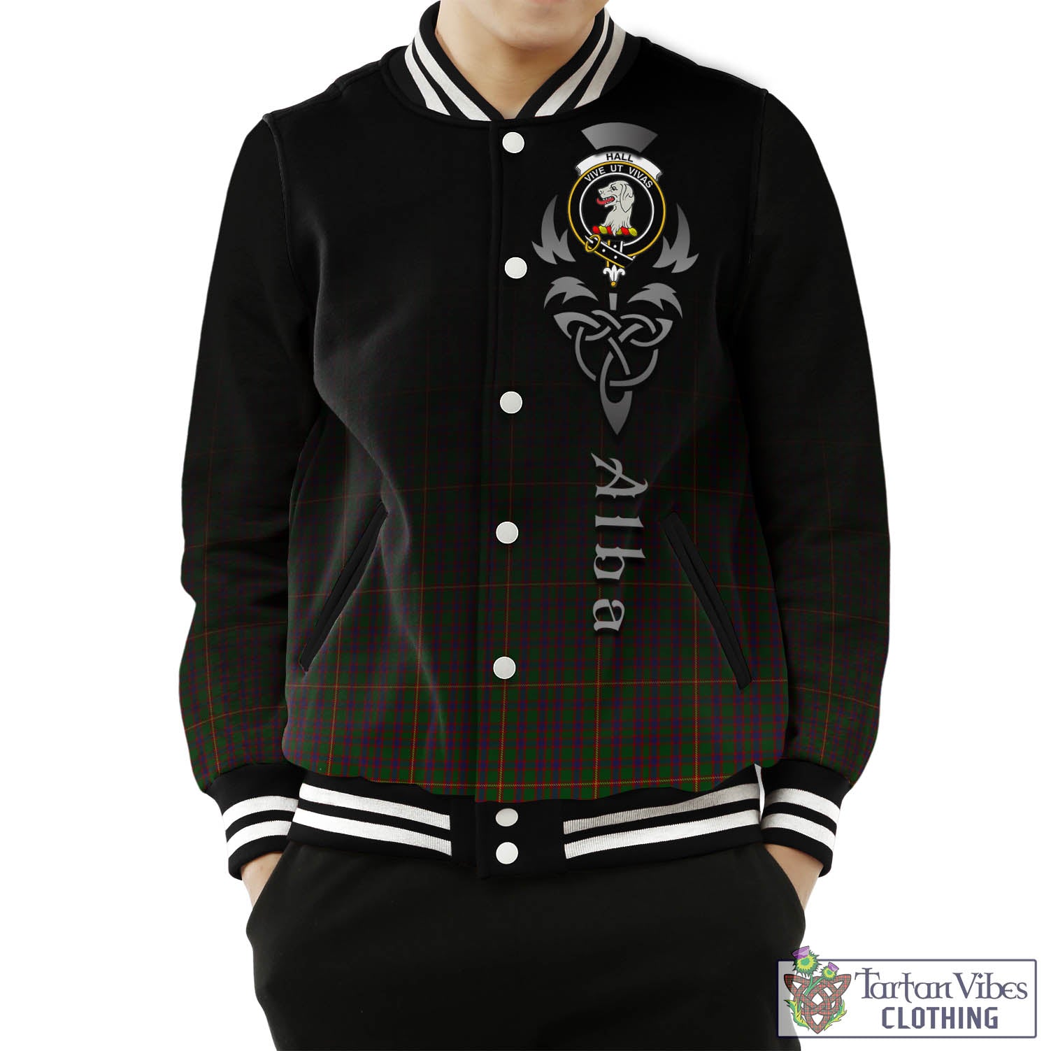 Tartan Vibes Clothing Hall Tartan Baseball Jacket Featuring Alba Gu Brath Family Crest Celtic Inspired