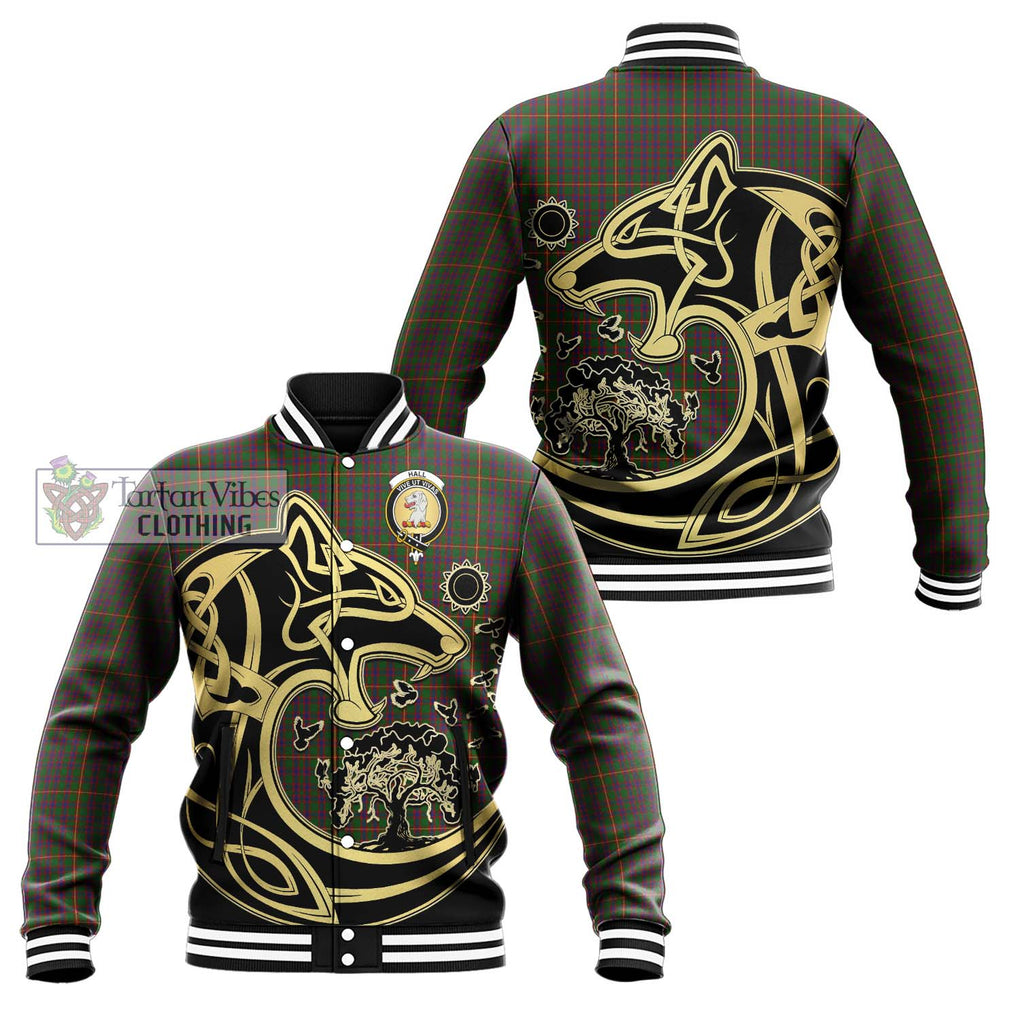 Hall Tartan Baseball Jacket with Family Crest Celtic Wolf Style Unisex - Tartan Vibes Clothing