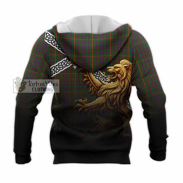 Hall Crest Tartan Knitted Hoodie with Golden Lion Emblem Celtic Style