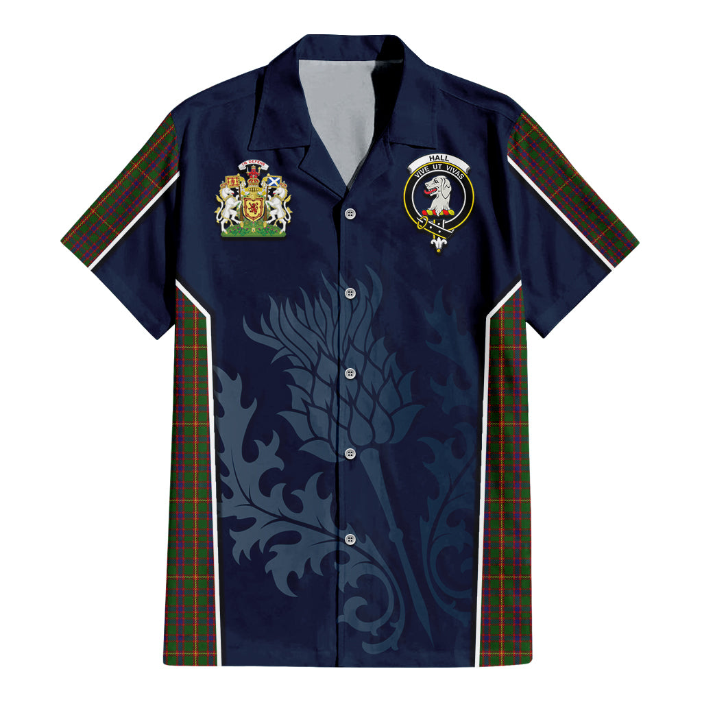 Tartan Vibes Clothing Hall Tartan Short Sleeve Button Up Shirt with Family Crest and Scottish Thistle Vibes Sport Style