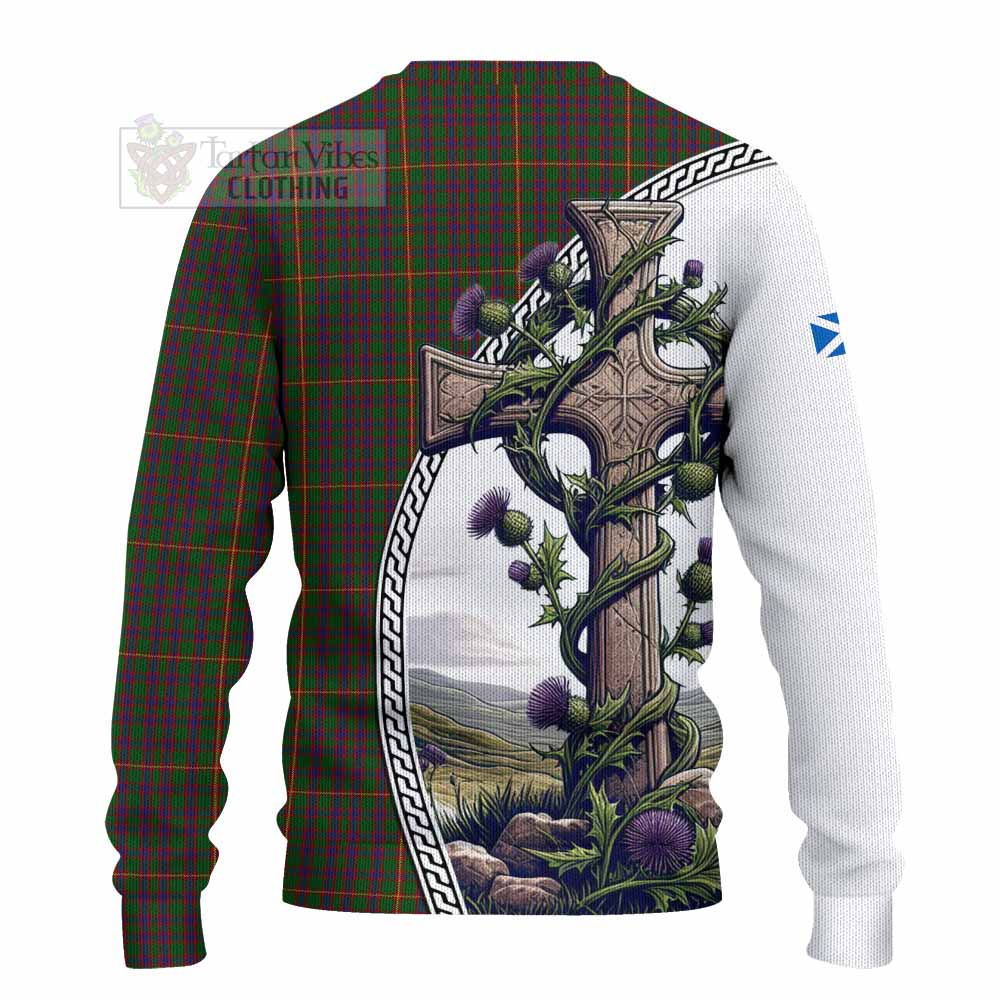 Tartan Vibes Clothing Hall Tartan Knitted Sweater with Family Crest and St. Andrew's Cross Accented by Thistle Vines