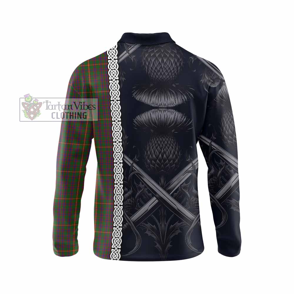 Tartan Vibes Clothing Hall Tartan Long Sleeve Polo Shirt with Family Crest Cross Sword Thistle Celtic Vibes