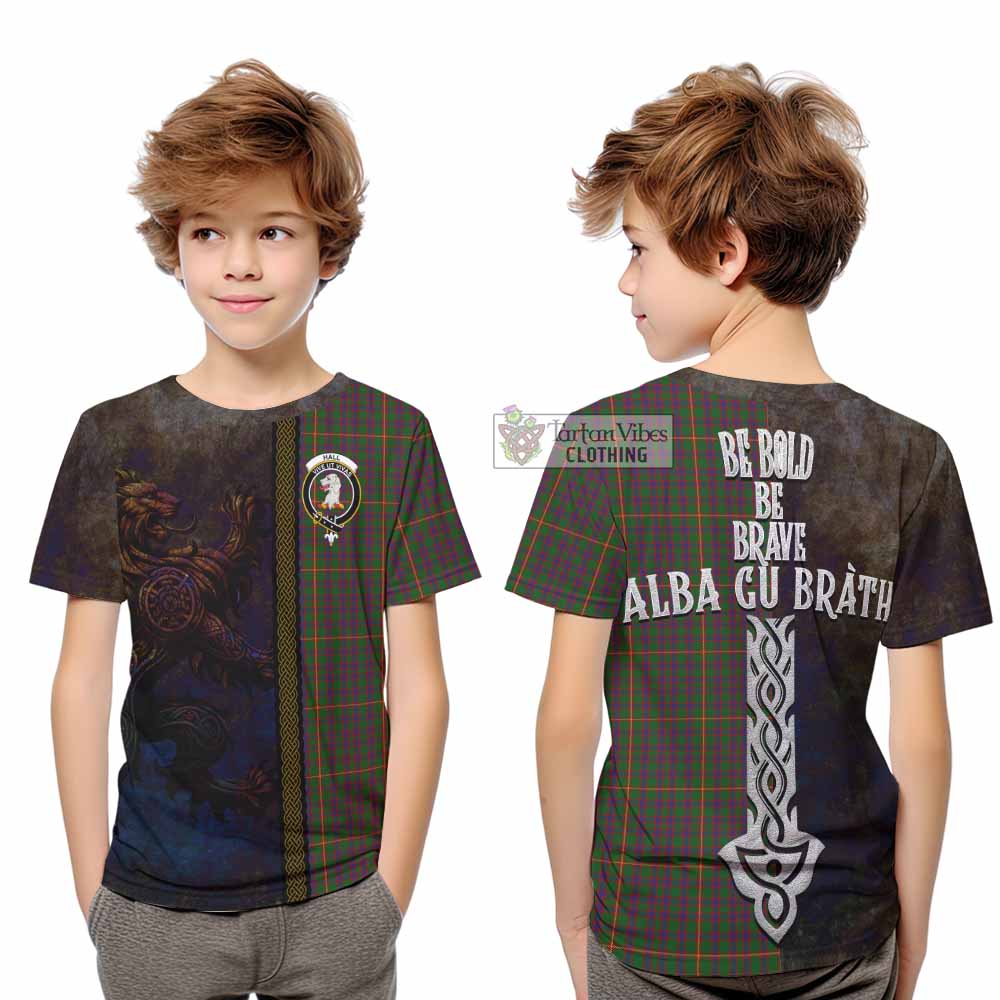 Tartan Vibes Clothing Hall Tartan Family Crest Kid T-Shirt Alba Gu Brath Be Brave Lion Ancient Style