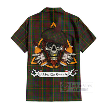 Tartan Vibes Clothing Hall Tartan Short Sleeve Button Shirt with Family Crest and Bearded Skull Holding Bottles of Whiskey