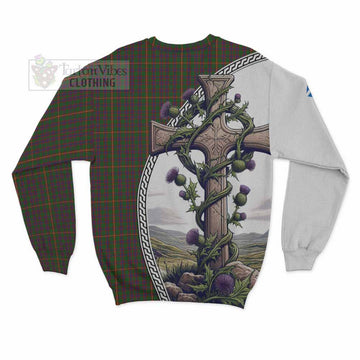 Hall Tartan Sweatshirt with Family Crest and St. Andrew's Cross Accented by Thistle Vines