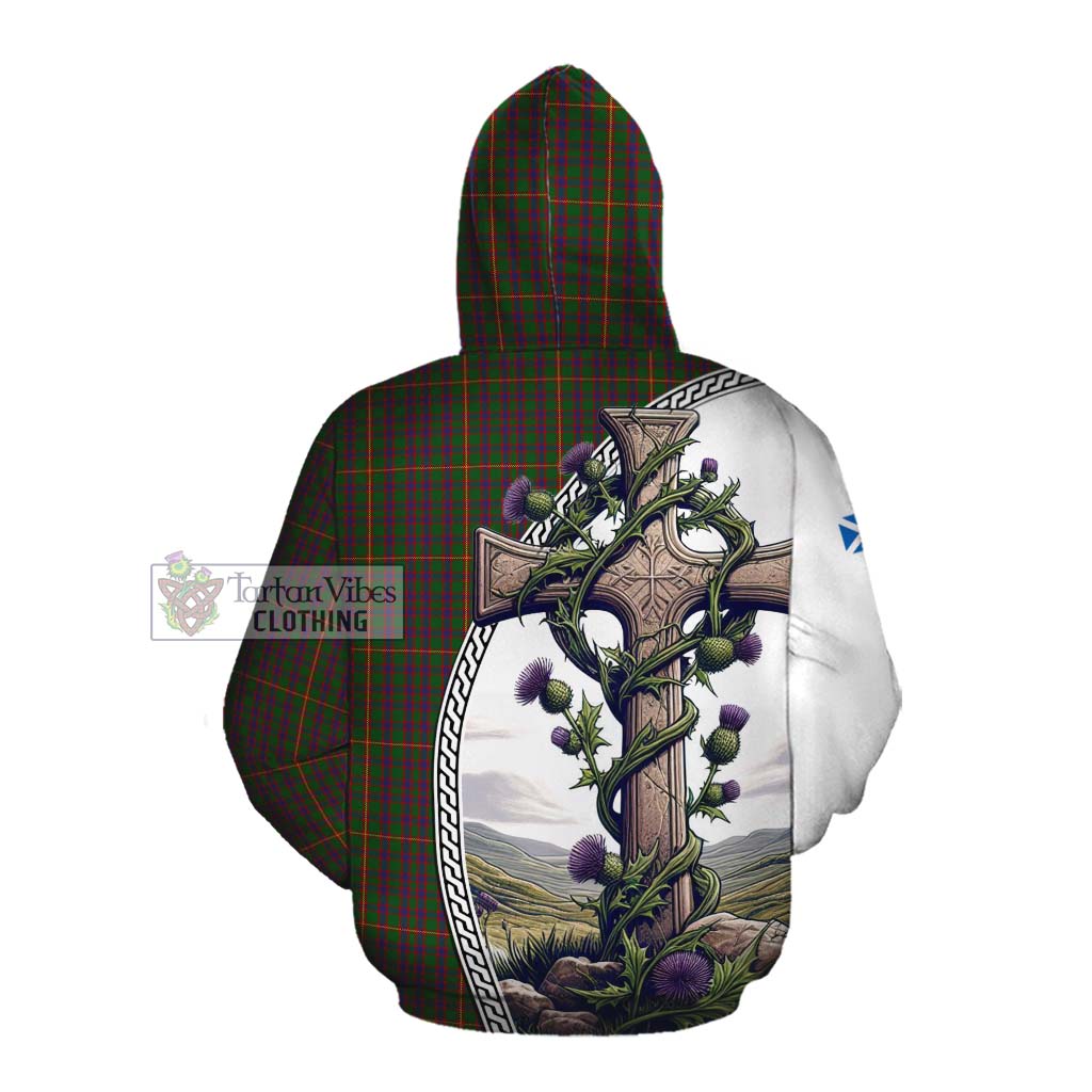 Tartan Vibes Clothing Hall Tartan Cotton Hoodie with Family Crest and St. Andrew's Cross Accented by Thistle Vines