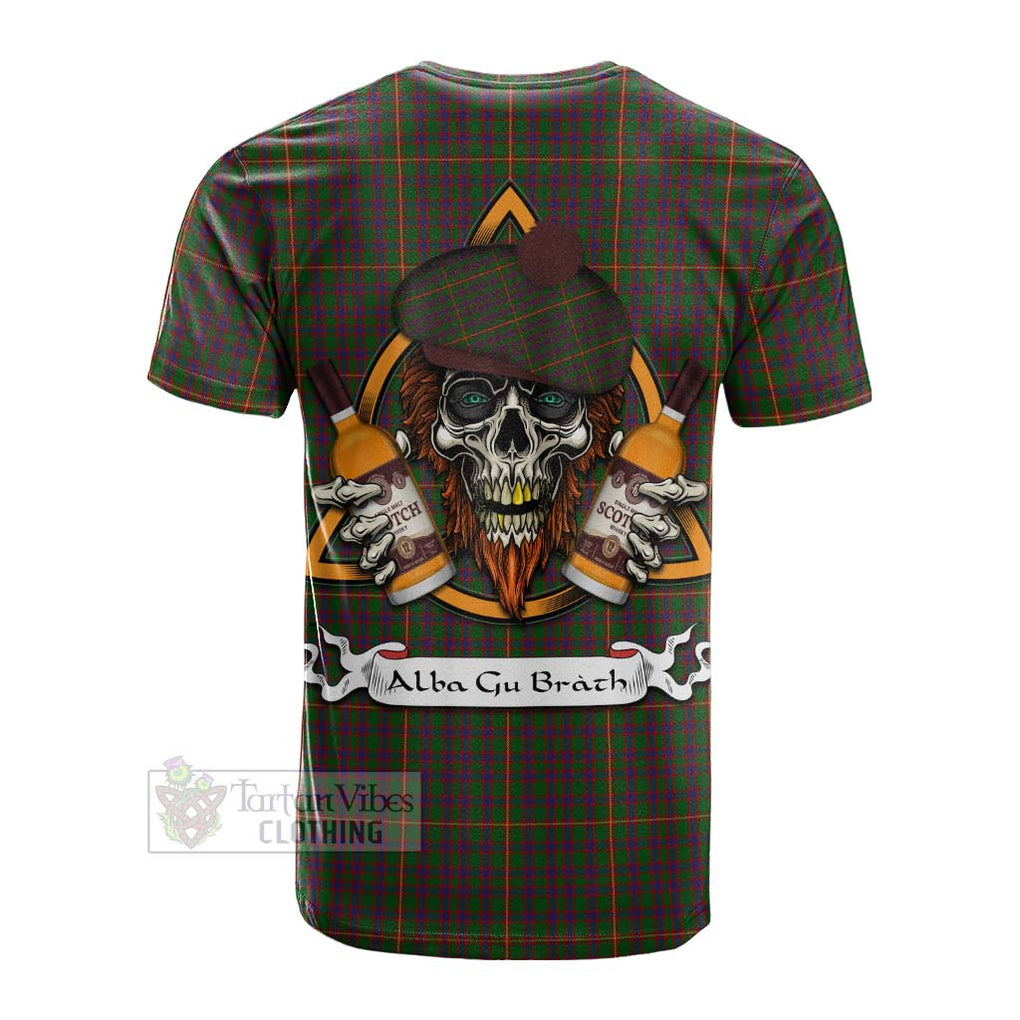 Tartan Vibes Clothing Hall Tartan Cotton T-shirt with Family Crest and Bearded Skull Holding Bottles of Whiskey