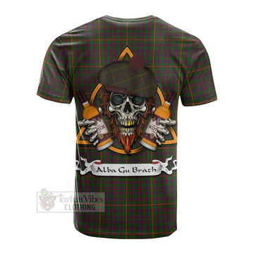 Tartan Vibes Clothing Hall Tartan Cotton T-shirt with Family Crest and Bearded Skull Holding Bottles of Whiskey