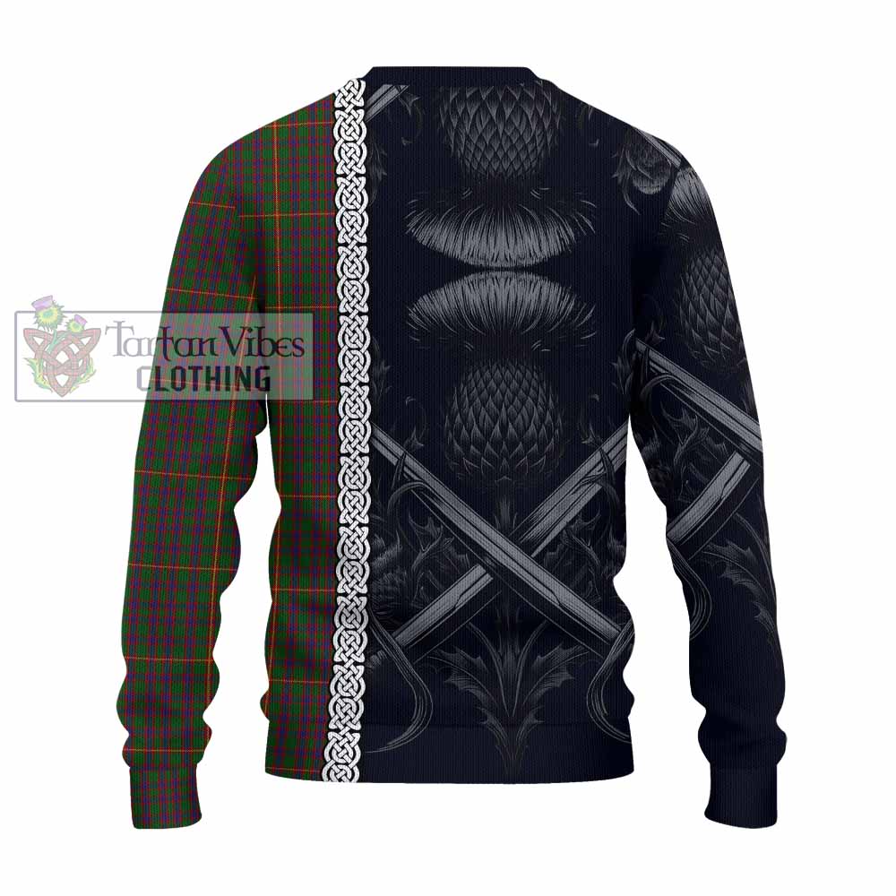 Tartan Vibes Clothing Hall Tartan Knitted Sweater with Family Crest Cross Sword Thistle Celtic Vibes