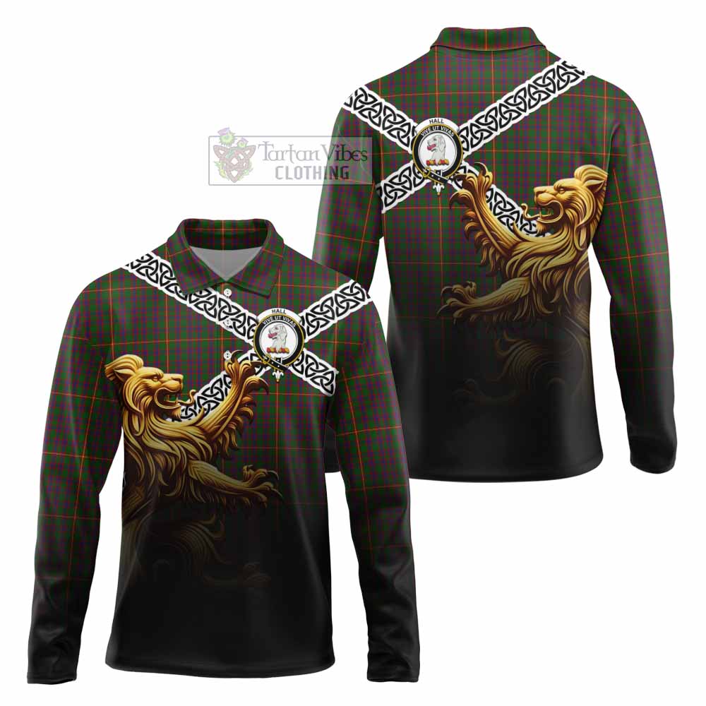Tartan Vibes Clothing Hall Crest Tartan Long Sleeve Polo Shirt with Golden Lion Emblem Celtic Style