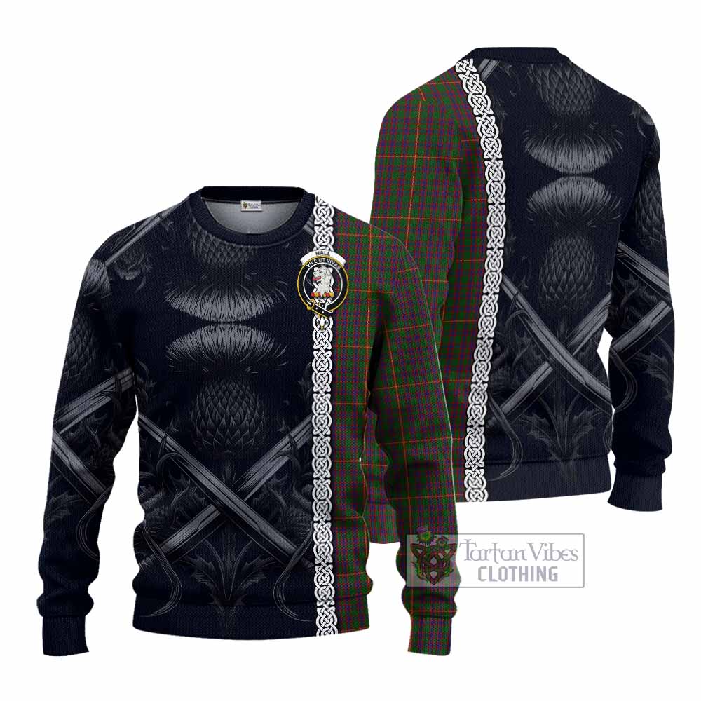 Tartan Vibes Clothing Hall Tartan Knitted Sweater with Family Crest Cross Sword Thistle Celtic Vibes