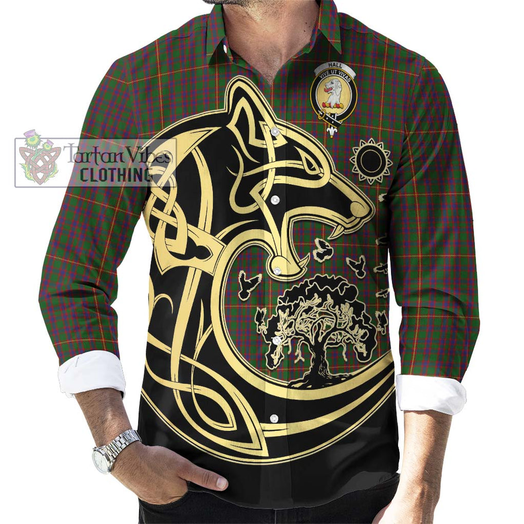 Hall Tartan Long Sleeve Button Shirt with Family Crest Celtic Wolf Style - Tartan Vibes Clothing