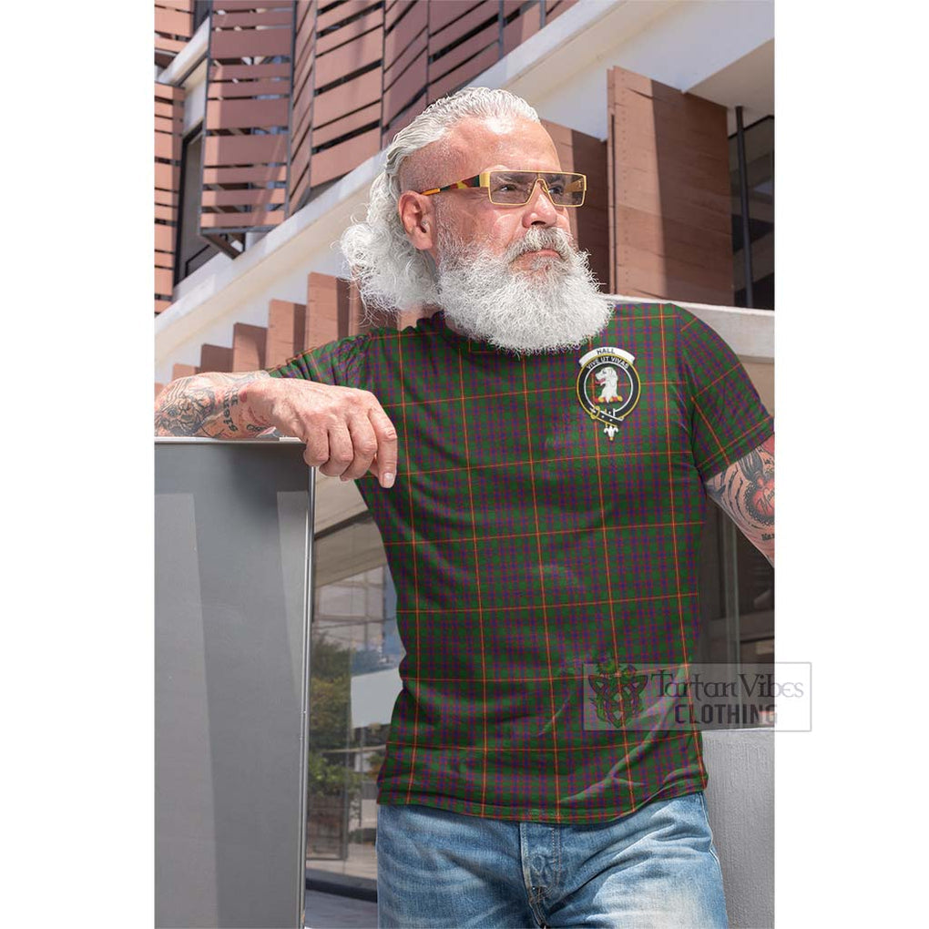 Tartan Vibes Clothing Hall Tartan Cotton T-shirt with Family Crest and Bearded Skull Holding Bottles of Whiskey