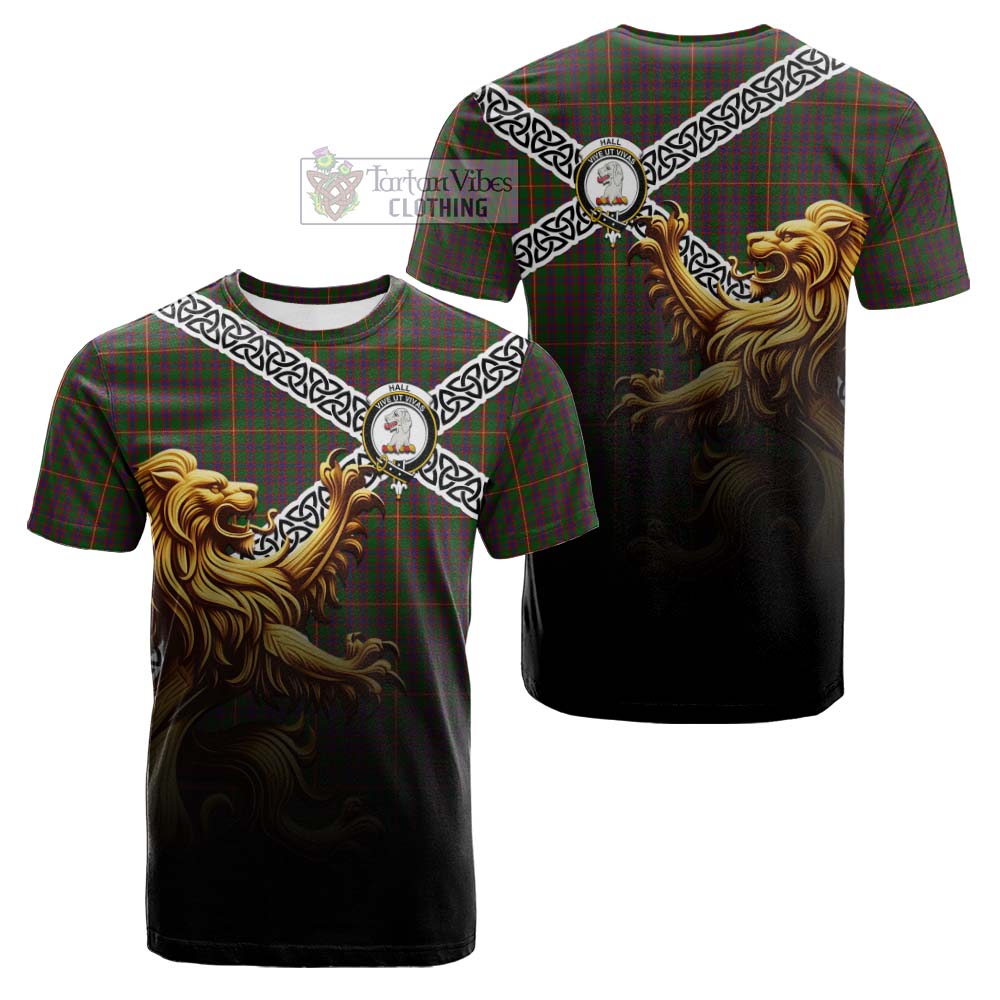 Tartan Vibes Clothing Hall Crest Tartan Cotton T-shirt with Golden Lion Emblem Celtic Style