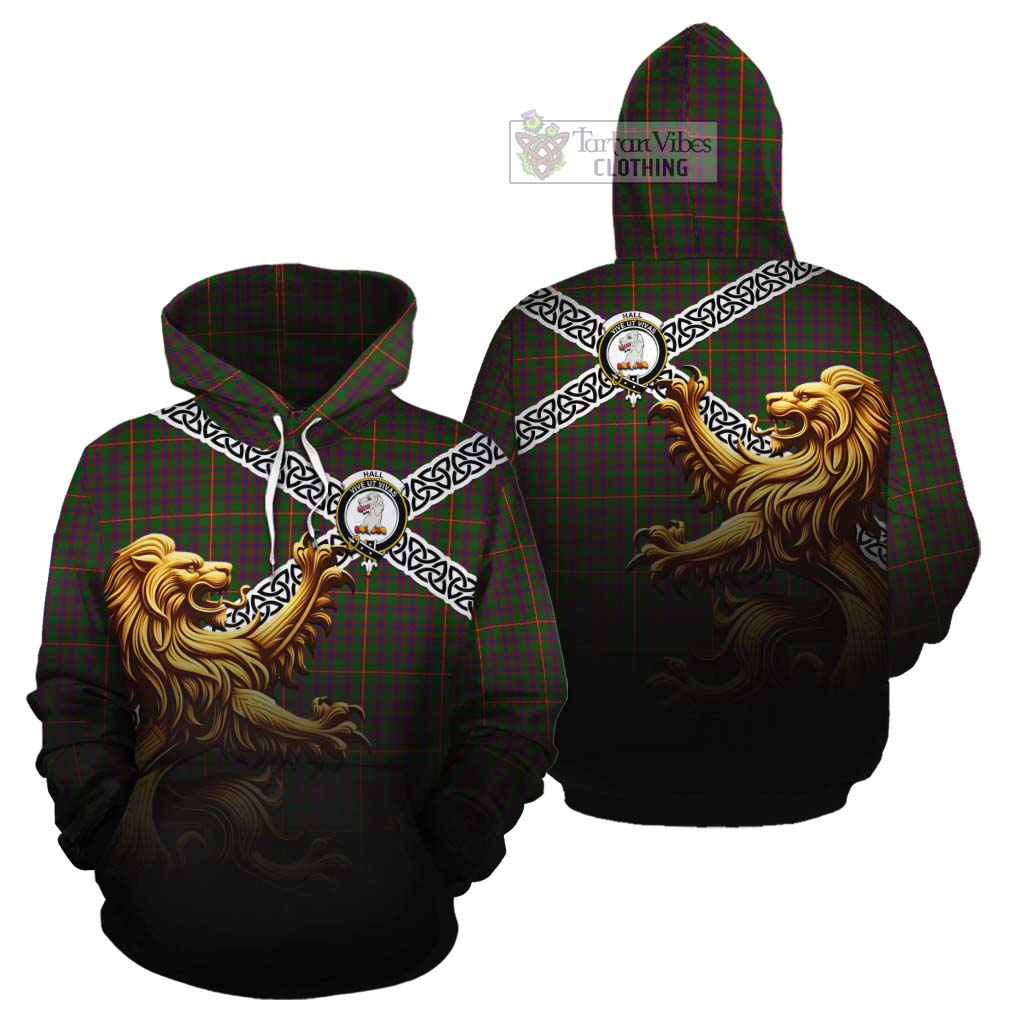 Tartan Vibes Clothing Hall Crest Tartan Cotton Hoodie with Golden Lion Emblem Celtic Style