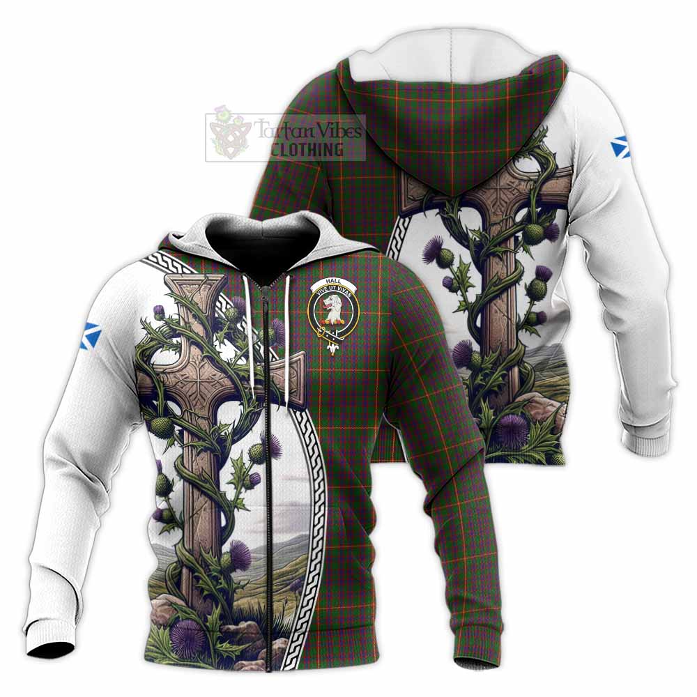Tartan Vibes Clothing Hall Tartan Knitted Hoodie with Family Crest and St. Andrew's Cross Accented by Thistle Vines