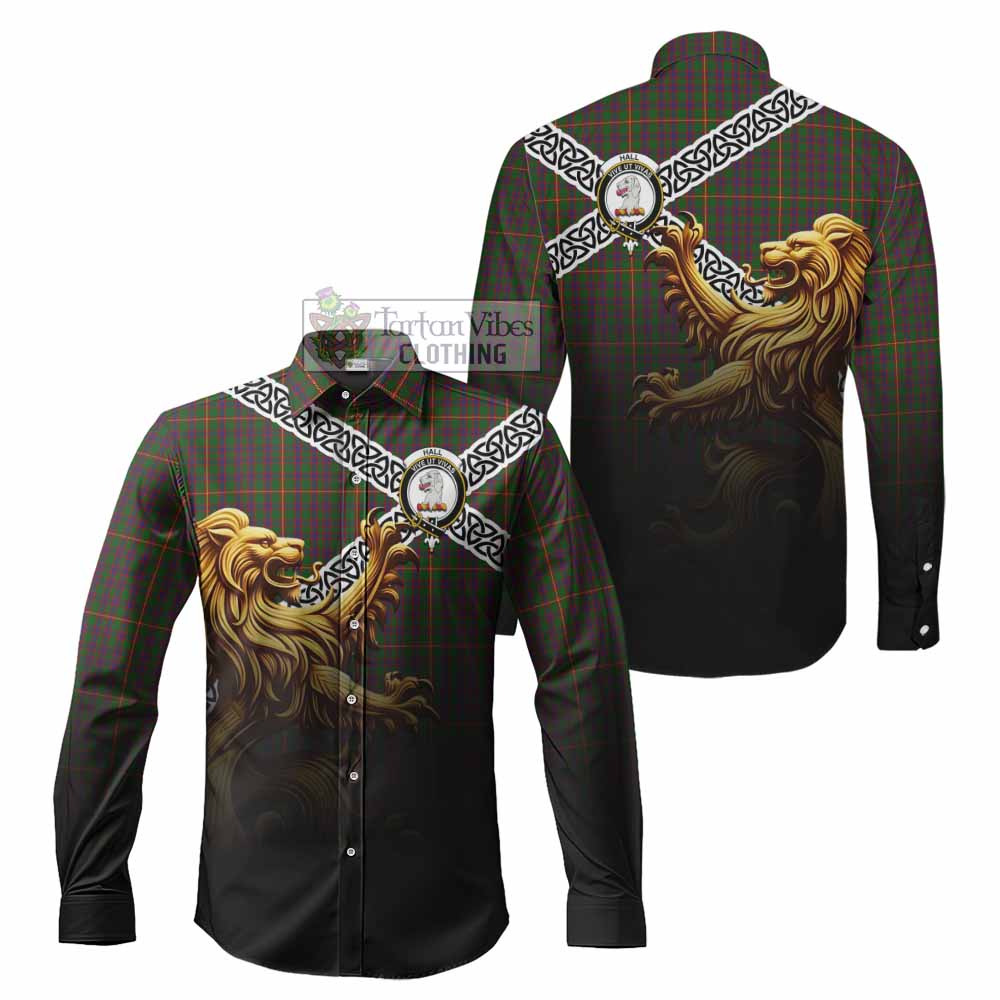 Tartan Vibes Clothing Hall Crest Tartan Long Sleeve Button Shirt with Golden Lion Emblem Celtic Style