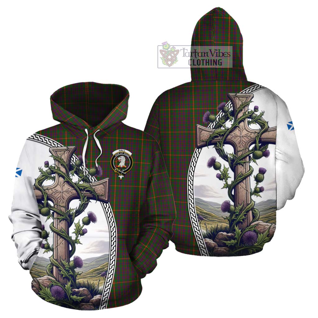 Tartan Vibes Clothing Hall Tartan Cotton Hoodie with Family Crest and St. Andrew's Cross Accented by Thistle Vines