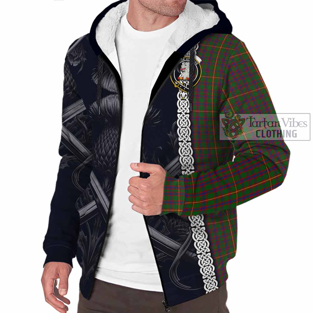 Tartan Vibes Clothing Hall Tartan Sherpa Hoodie with Family Crest Cross Sword Thistle Celtic Vibes
