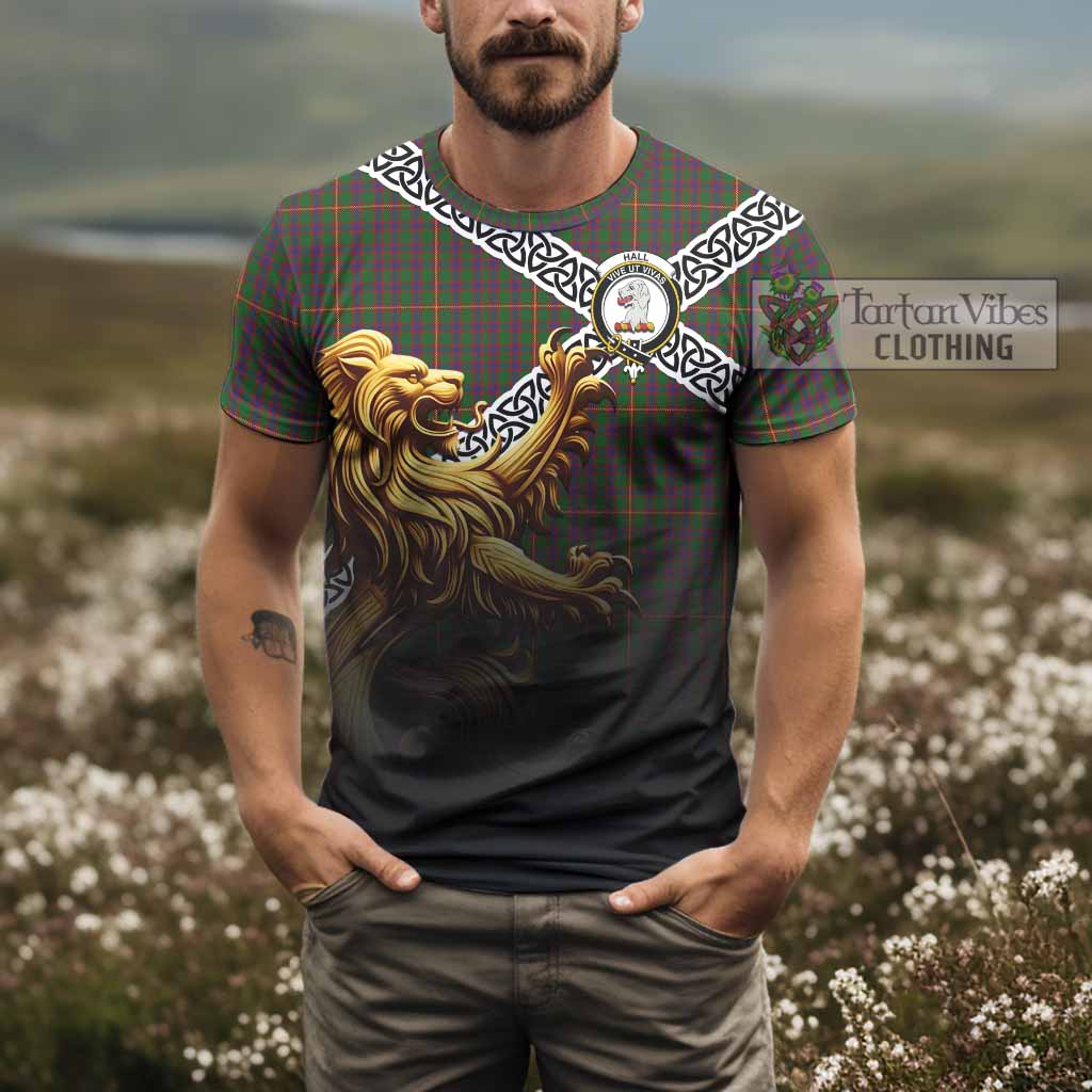 Tartan Vibes Clothing Hall Crest Tartan T-Shirt with Golden Lion Emblem Celtic Style